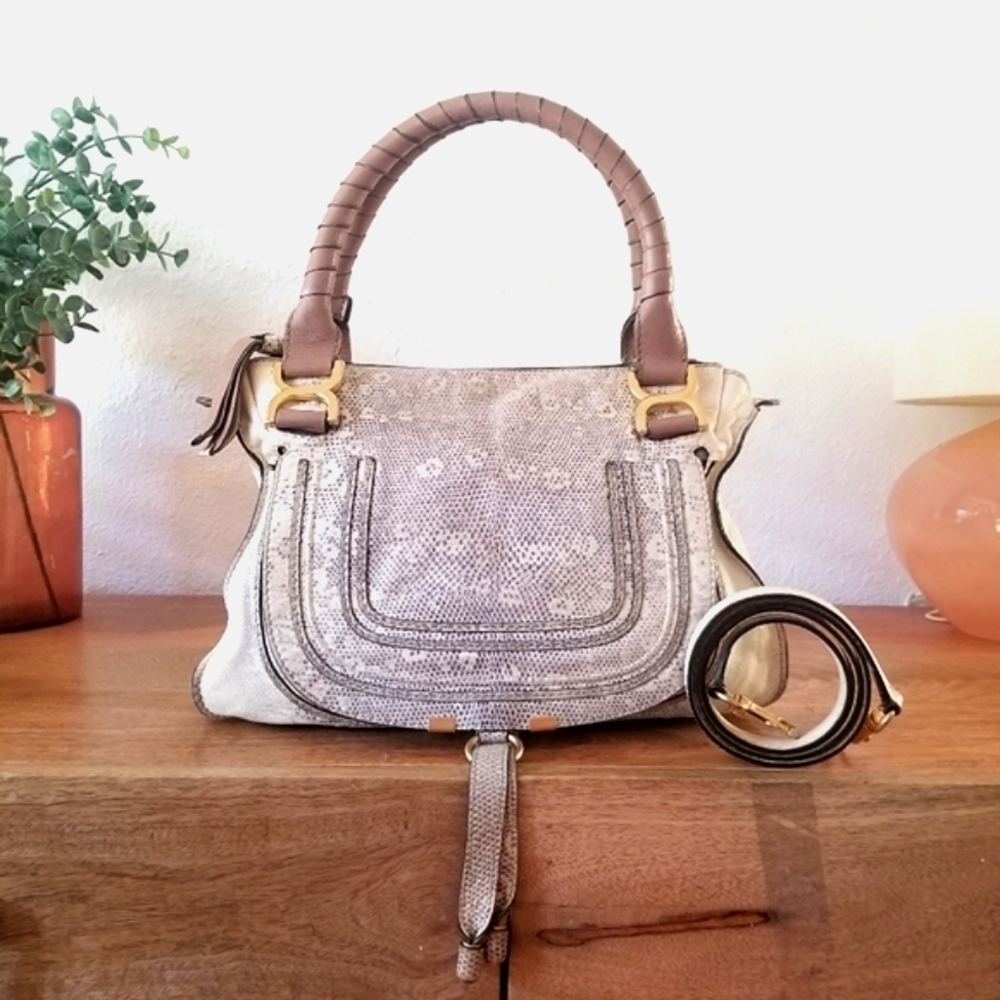 Chloe Marcie Medium Lizard Embossed Satchel Handbag Crossbody Bag Used